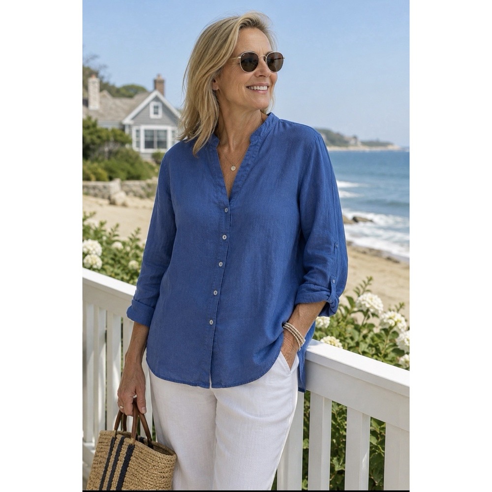 JM Collection 100% Linen Blouse Shirt Button Front V-Neck Sz 16W Navy Blue Beach
